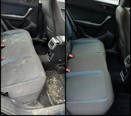 Split image showing a heavily soiled fabric car seat on the left and the same seat deep-cleaned on the right