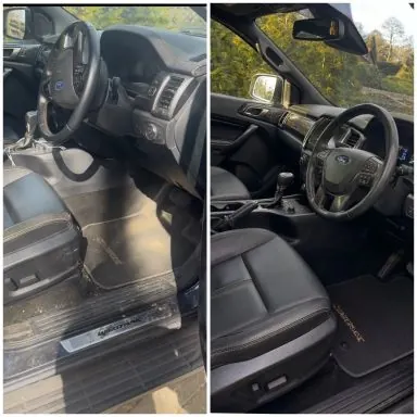 Before and after comparison of a pickup door sill and interior after a full interior detail